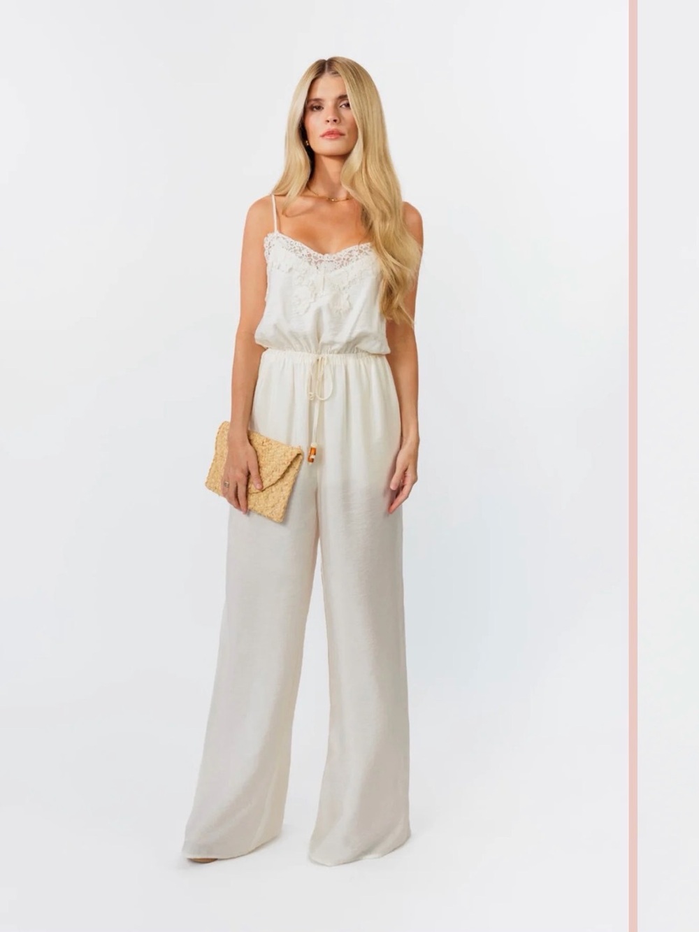 Kittenish Lace-Trim Wide-Leg Cream Jumpsuit with Drawstring Waist